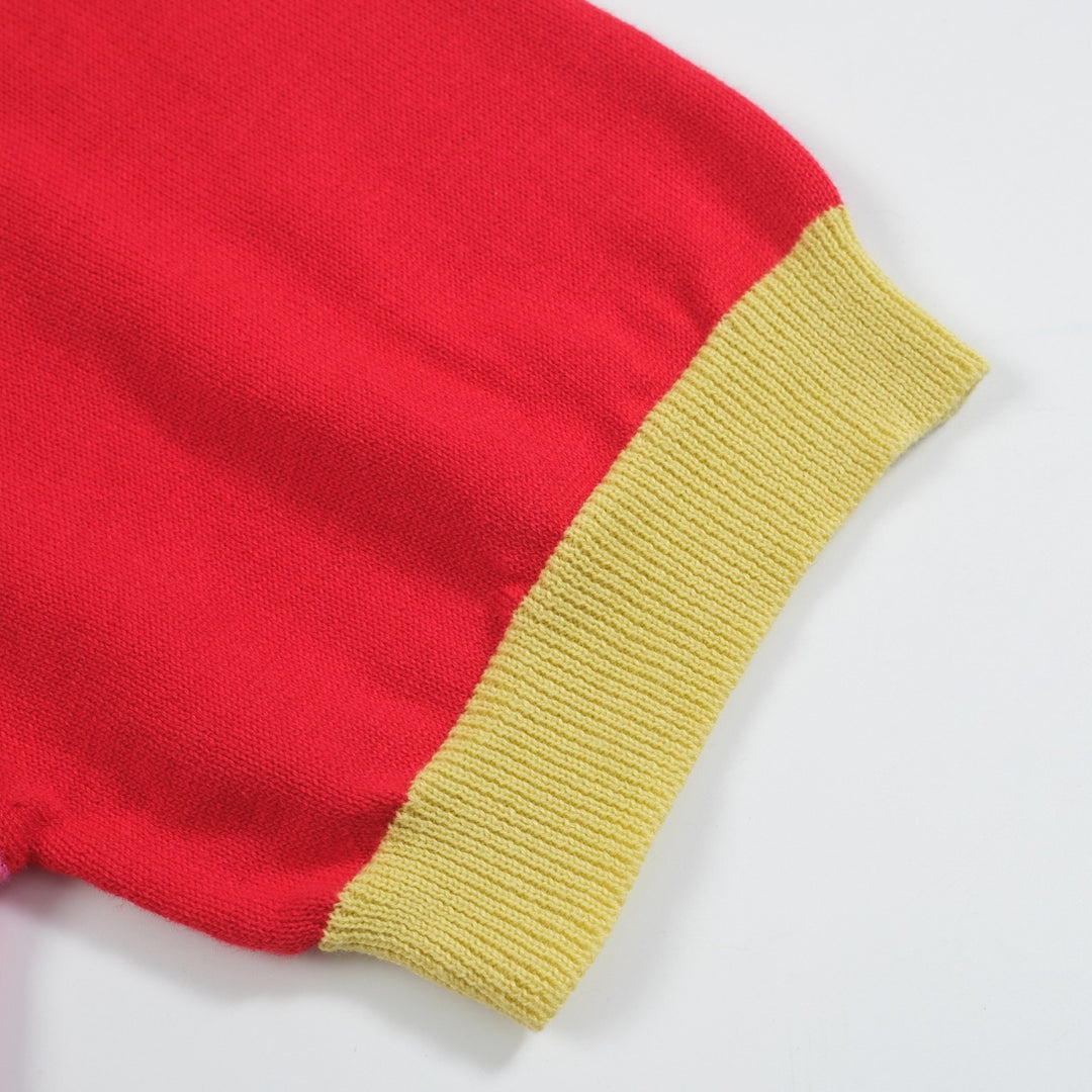 Women’s Pink Strawberry Knit Tee – Retro Colorblock Fruit Top-Cropped Length