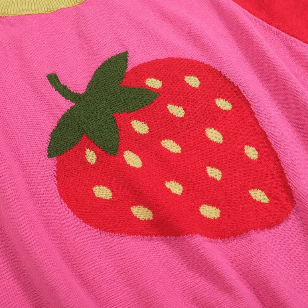 Women’s Pink Strawberry Knit Tee – Retro Colorblock Fruit Top-Cropped Length