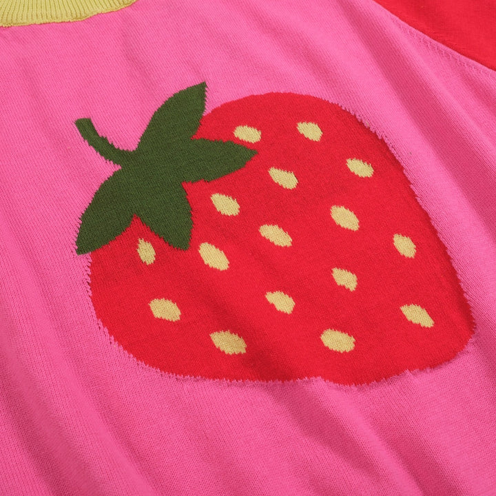 Women’s Pink Strawberry Knit Tee – Retro Colorblock Fruit Top-Cropped Length