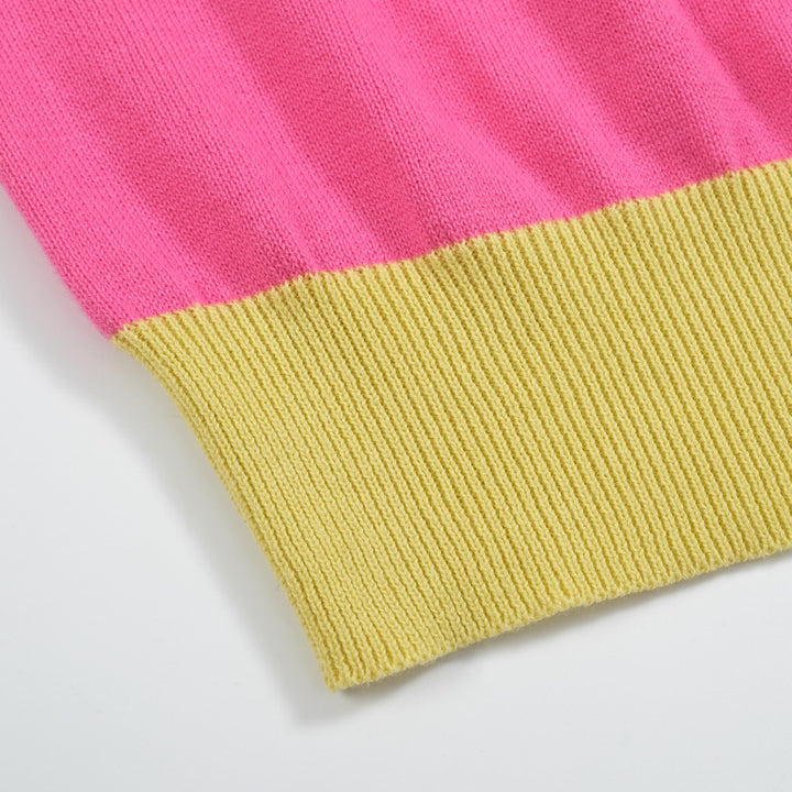 Women’s Pink Strawberry Knit Tee – Retro Colorblock Fruit Top-Cropped Length
