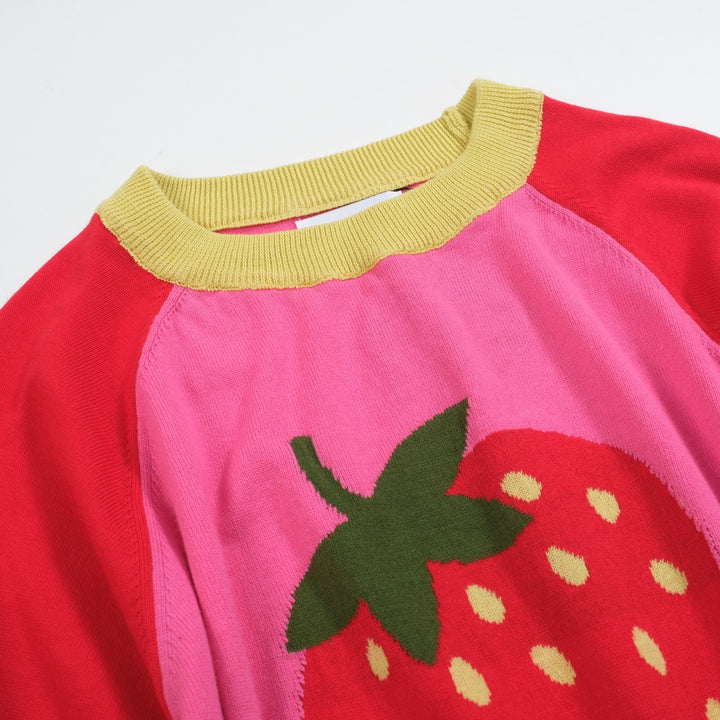 Women’s Pink Strawberry Knit Tee – Retro Colorblock Fruit Top-Cropped Length