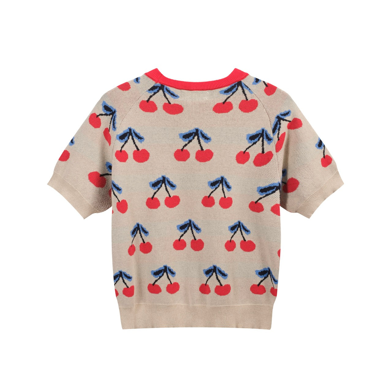 Women's 70s Cherry Knit Tee – Retro Beige Fruit Print Short