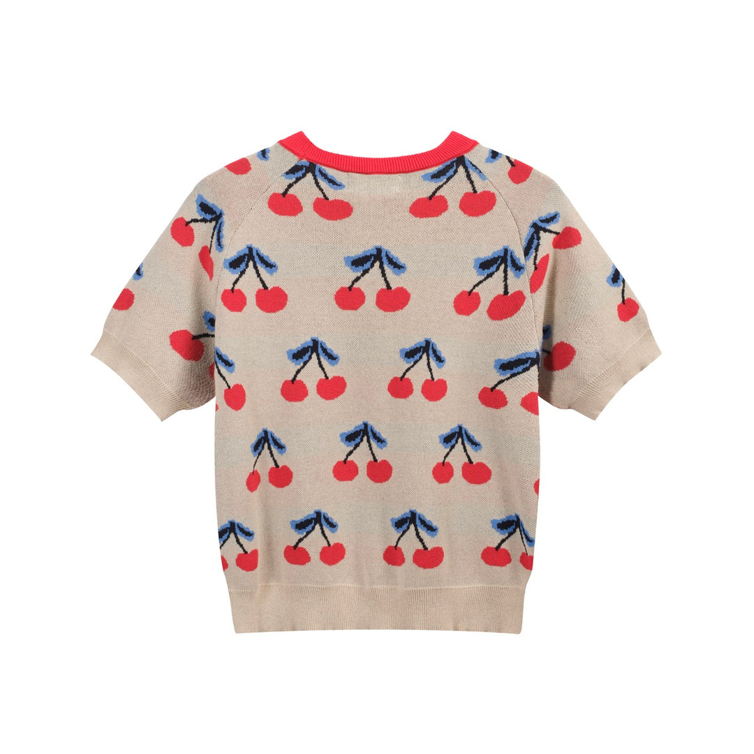 Women’s 70s Beige Cherry Knit Tee – Retro Fruit Print Top-Cropped Length