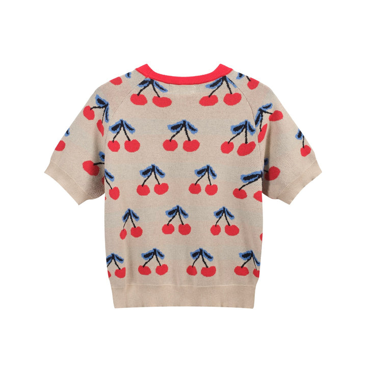 Women’s 70s Beige Cherry Knit Tee – Retro Fruit Print Top-Cropped Length