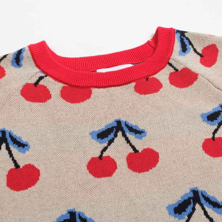 Women’s 70s Beige Cherry Knit Tee – Retro Fruit Print Top-Cropped Length