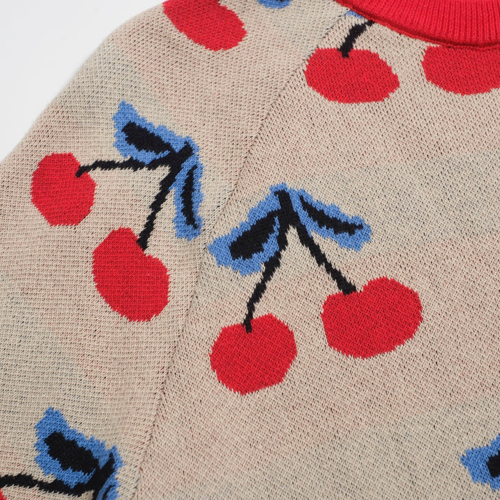 Women’s 70s Beige Cherry Knit Tee – Retro Fruit Print Top-Cropped Length