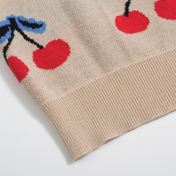 Women’s 70s Beige Cherry Knit Tee – Retro Fruit Print Top-Cropped Length