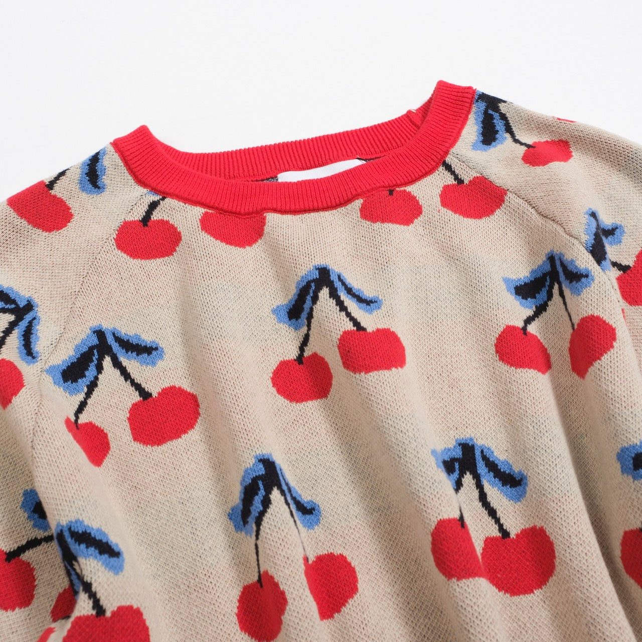 Women's 70s Cherry Knit Tee – Retro Beige Fruit Print Short Sleeve