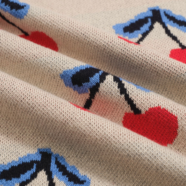 Women’s 70s Beige Cherry Knit Tee – Retro Fruit Print Top-Cropped Length