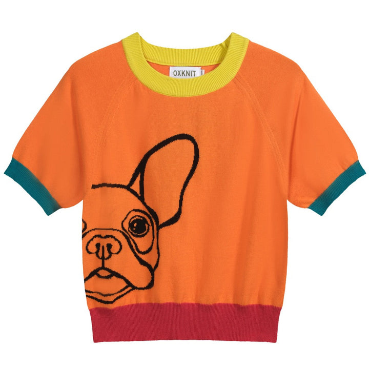 Women’s Orange Knit Tee – French Bulldog Graphic Colorblock Top-Cropped Length