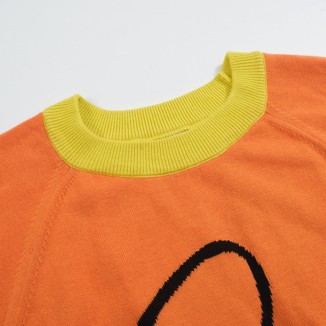 Women’s Orange Knit Tee – French Bulldog Graphic Colorblock Top-Cropped Length