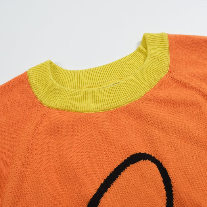 Women’s Orange Knit Tee – French Bulldog Graphic Colorblock Top-Cropped Length