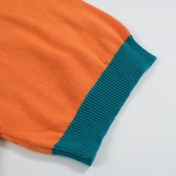 Women’s Orange Knit Tee – French Bulldog Graphic Colorblock Top-Cropped Length