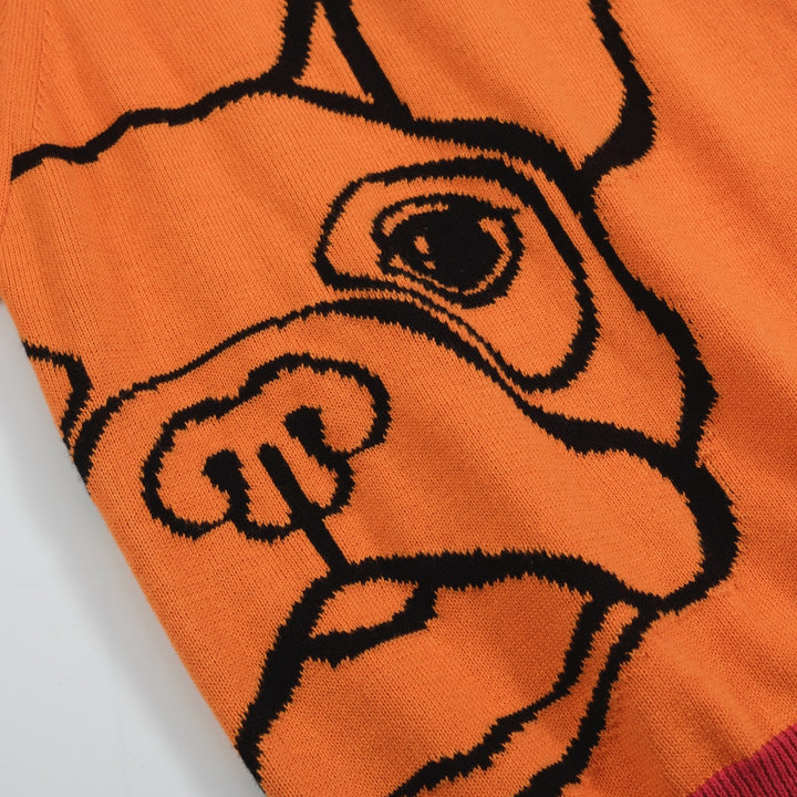 Women’s Orange Knit Tee – French Bulldog Graphic Colorblock Top-Cropped Length