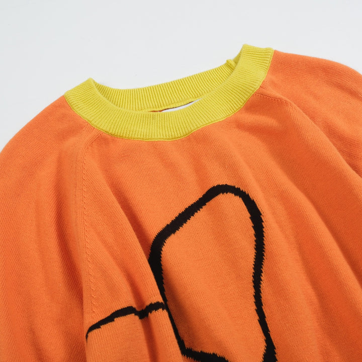 Women’s Orange Knit Tee – French Bulldog Graphic Colorblock Top-Cropped Length