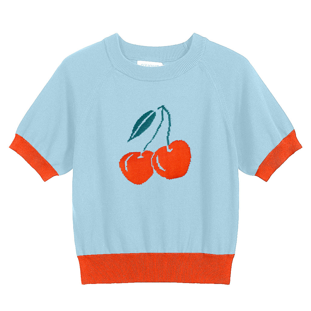 Women's Retro Cherry Knit Sweater – Playful Sky Blue with