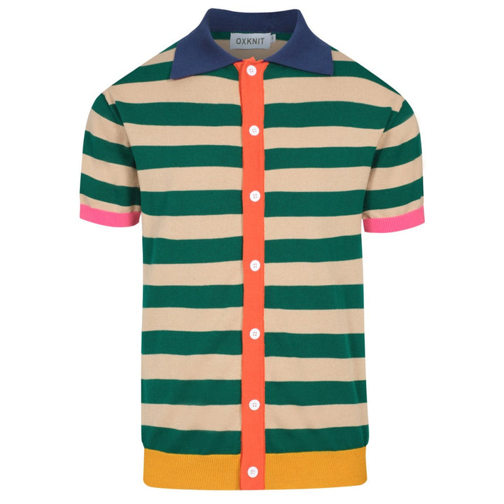 Men's Retro Knit Shirt – Vintage Green Striped Button-Up Polo with Multicolor Trims