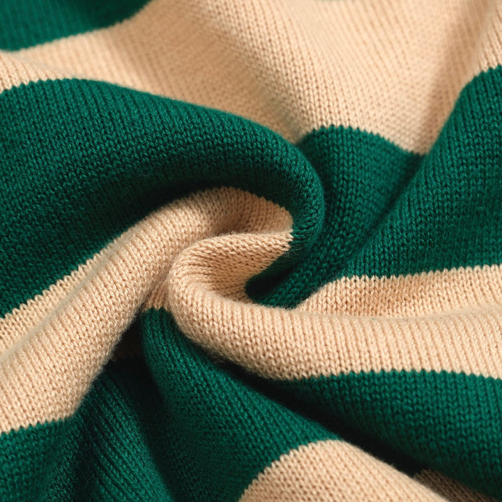 Men's Retro Knit Shirt – Vintage Green Striped Button-Up Polo with Multicolor Trims
