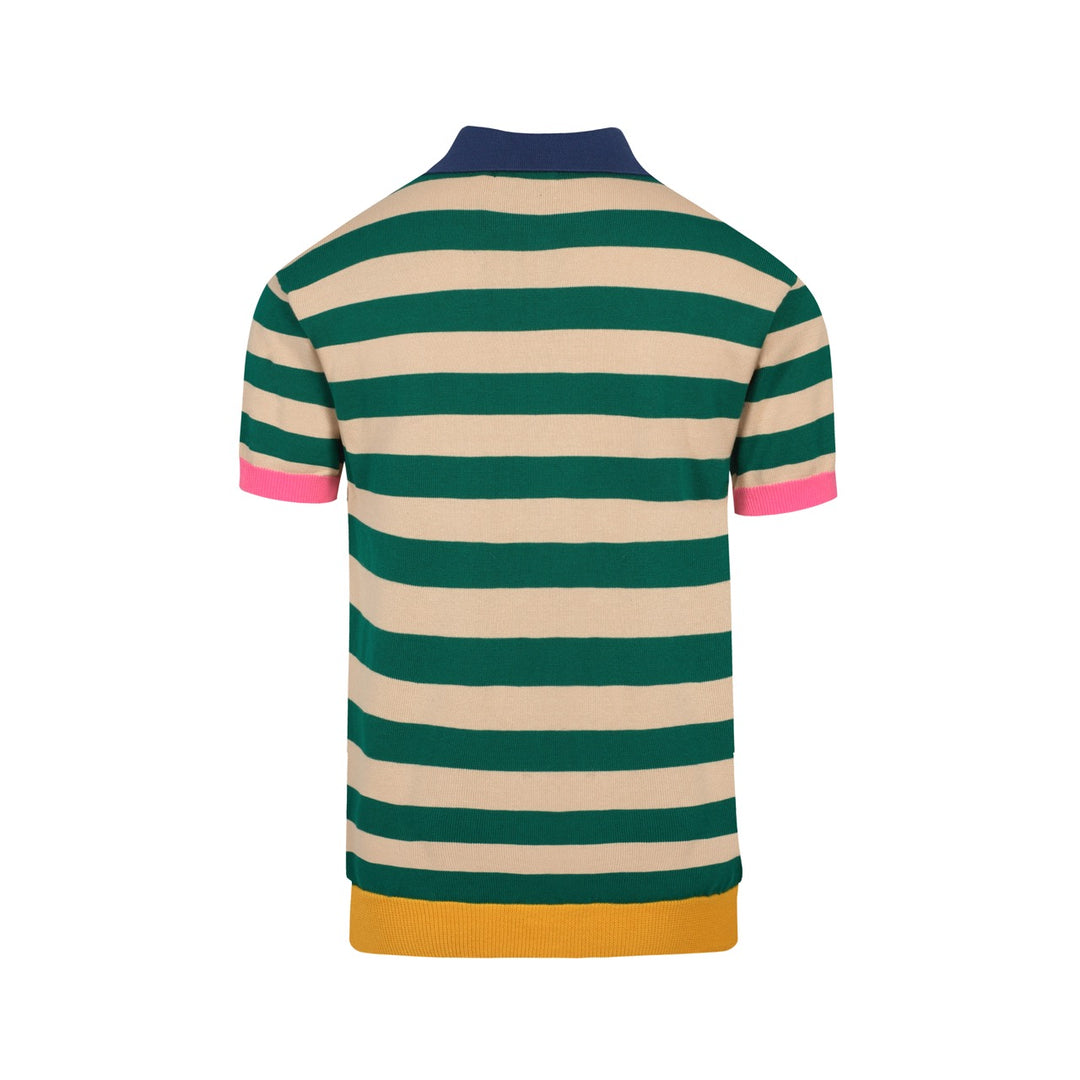 Men's Retro Knit Shirt – Vintage Green Striped Button-Up Polo with Multicolor Trims