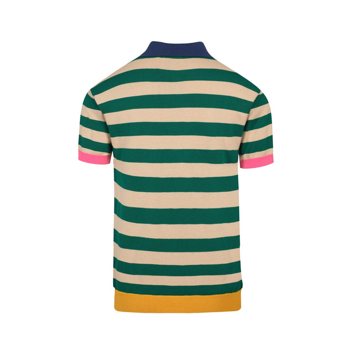 Men's Retro Knit Shirt – Vintage Green Striped Button-Up Polo with Multicolor Trims
