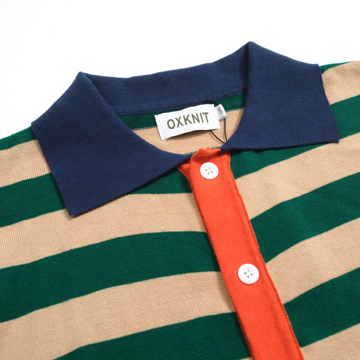 Men's Retro Knit Shirt – Vintage Green Striped Button-Up Polo with Multicolor Trims