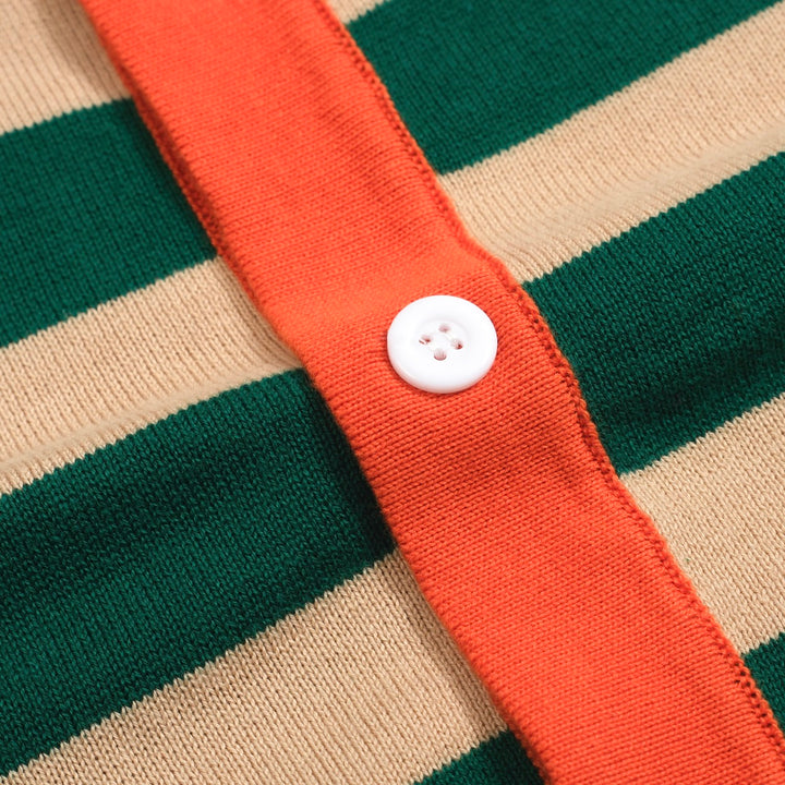 Men's Retro Knit Shirt – Vintage Green Striped Button-Up Polo with Multicolor Trims