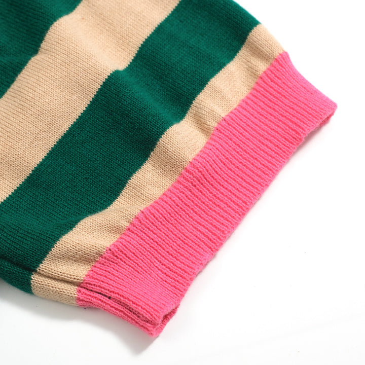 Men's Retro Knit Shirt – Vintage Green Striped Button-Up Polo with Multicolor Trims
