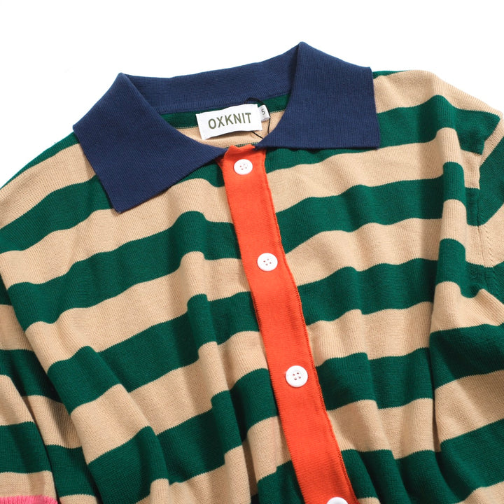 Men's Retro Knit Shirt – Vintage Green Striped Button-Up Polo with Multicolor Trims