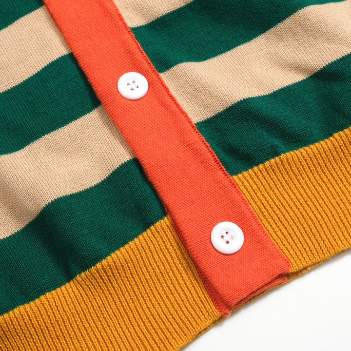 Men's Retro Knit Shirt – Vintage Green Striped Button-Up Polo with Multicolor Trims