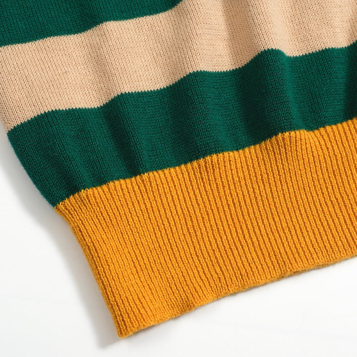 Men's Retro Knit Shirt – Vintage Green Striped Button-Up Polo with Multicolor Trims