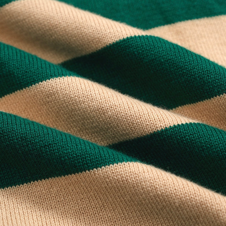 Men's Retro Knit Shirt – Vintage Green Striped Button-Up Polo with Multicolor Trims