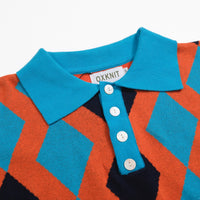 Men's Retro Knit Polo – Vintage Orange & Blue Geometric Button-Up