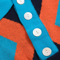 Men's Retro Knit Polo – Vintage Orange & Blue Geometric Button-Up