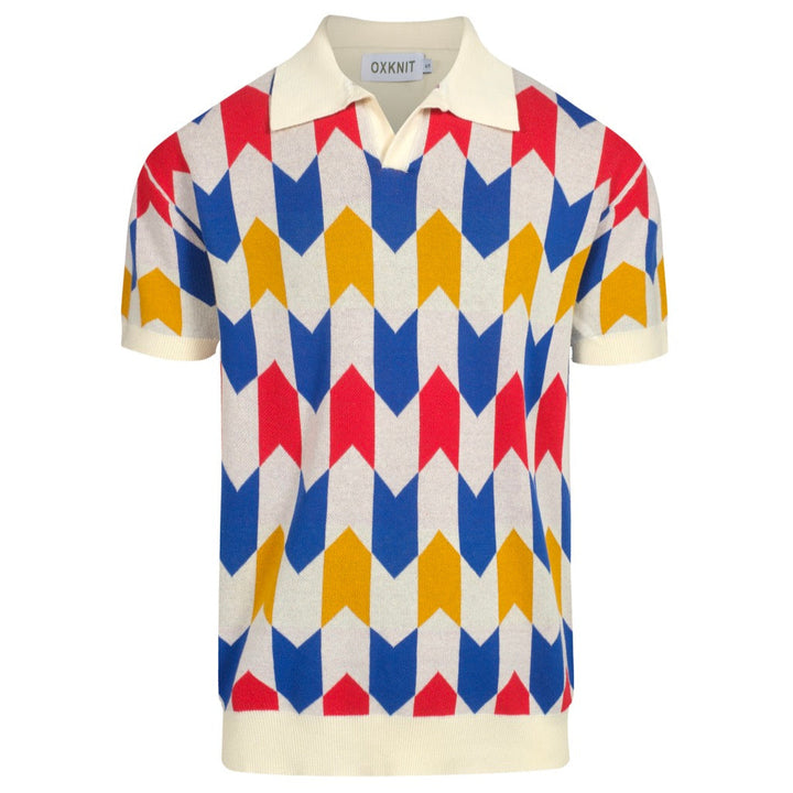 Men's white vintage jacquard V-neck knit polo
