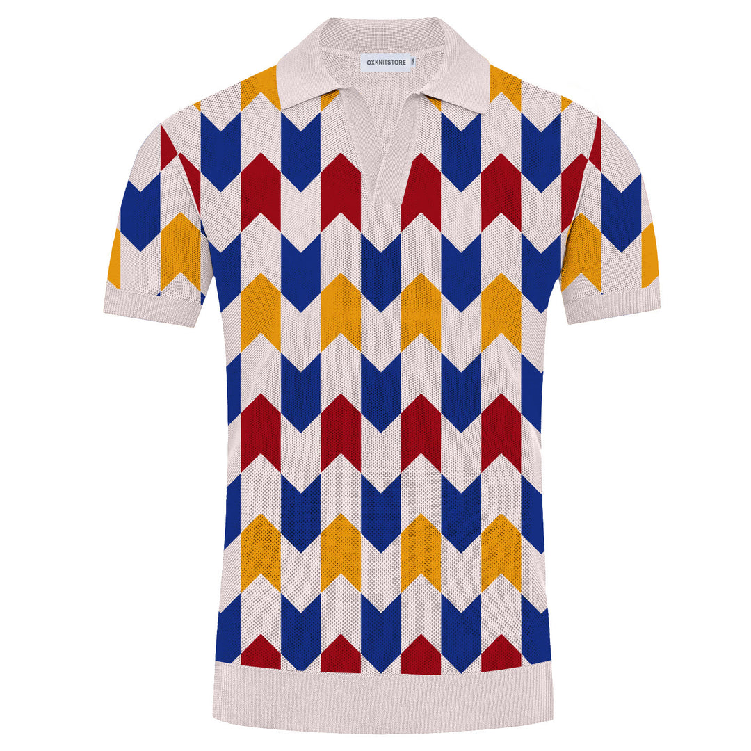 Men's white vintage jacquard V-neck knit polo
