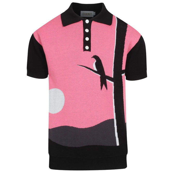 Men’s Retro Knit Shirt – Vintage Pink Button-Up Polo with Bird & Sunset Graphic