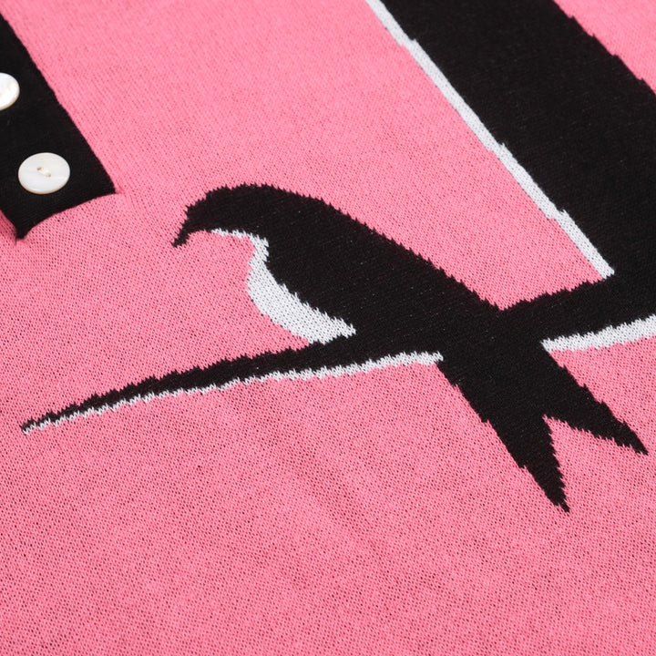 Men’s Retro Knit Shirt – Vintage Pink Button-Up Polo with Bird & Sunset Graphic