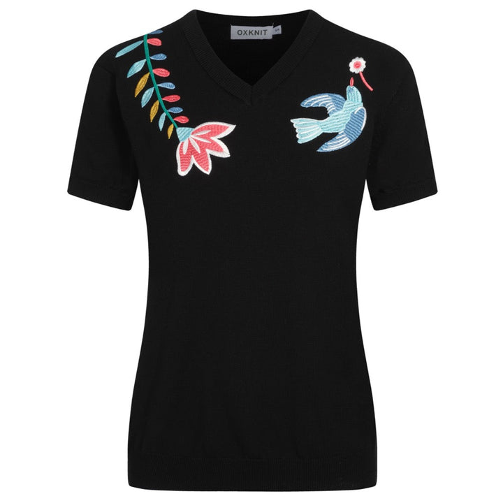 Women's black embroidered V-neck knitwear