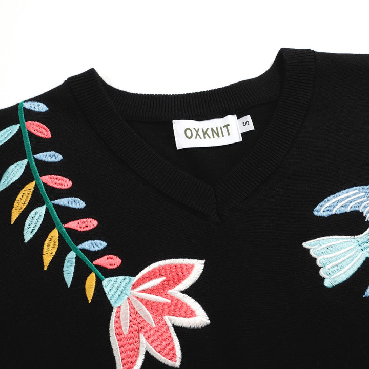 Women's black embroidered V-neck knitwear