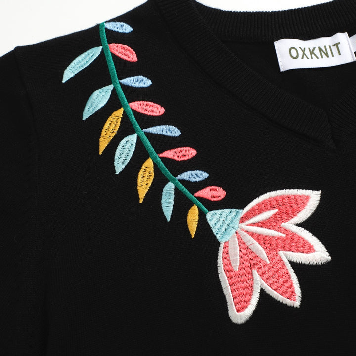Women's black embroidered V-neck knitwear