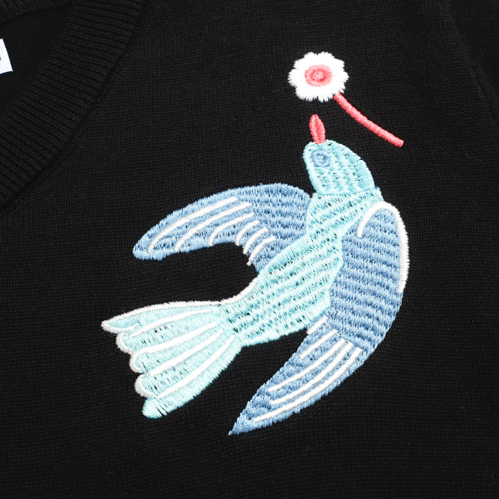 Women's black embroidered V-neck knitwear
