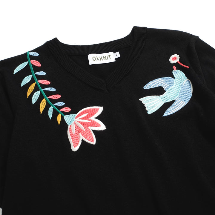 Women's black embroidered V-neck knitwear