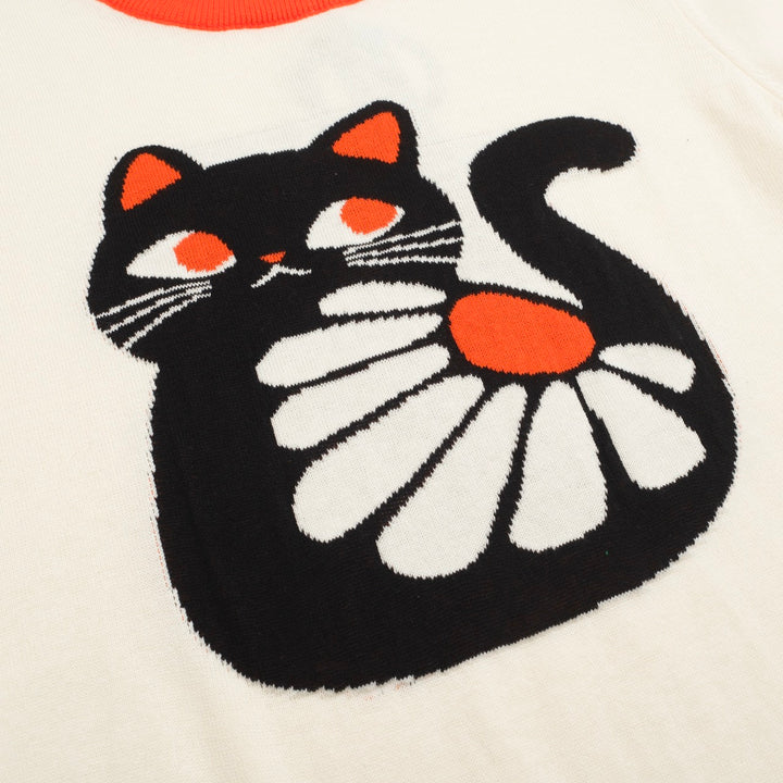 Women's Retro Cat & Daisy Knit Top – Orange