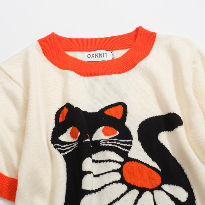 Women's Retro Cat & Daisy Knit Top – Orange