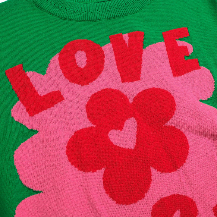 Women's green love more jacquard knitwear-Cropped Length