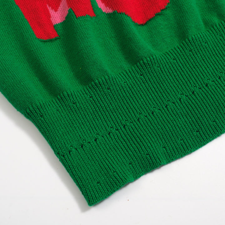 Women's green love more jacquard knitwear-Cropped Length