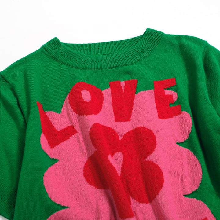 Women's green love more jacquard knitwear-Cropped Length