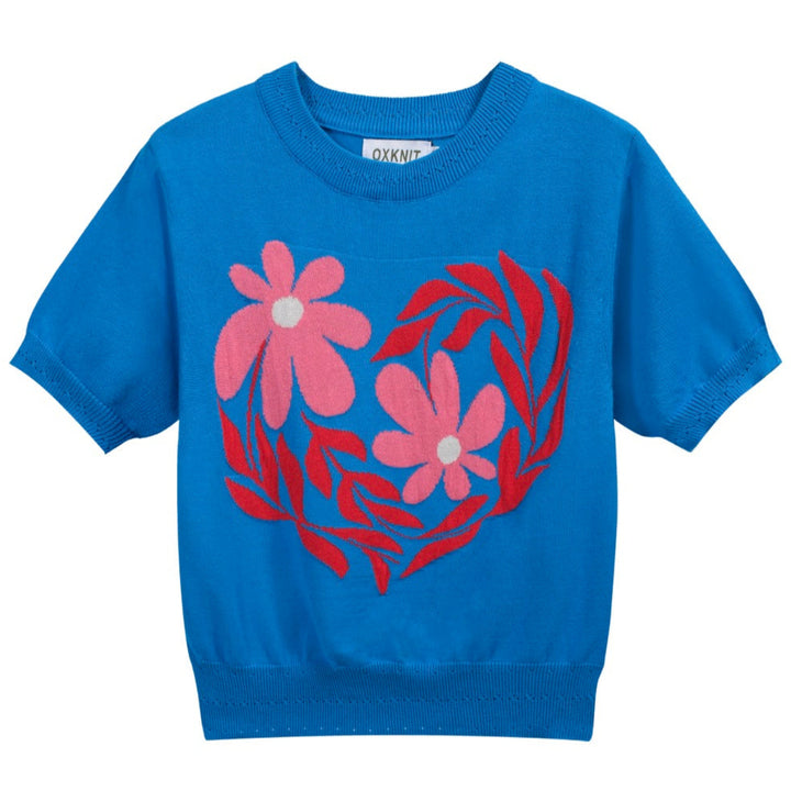 Women's blue floral jacquard knitwear-Cropped Length