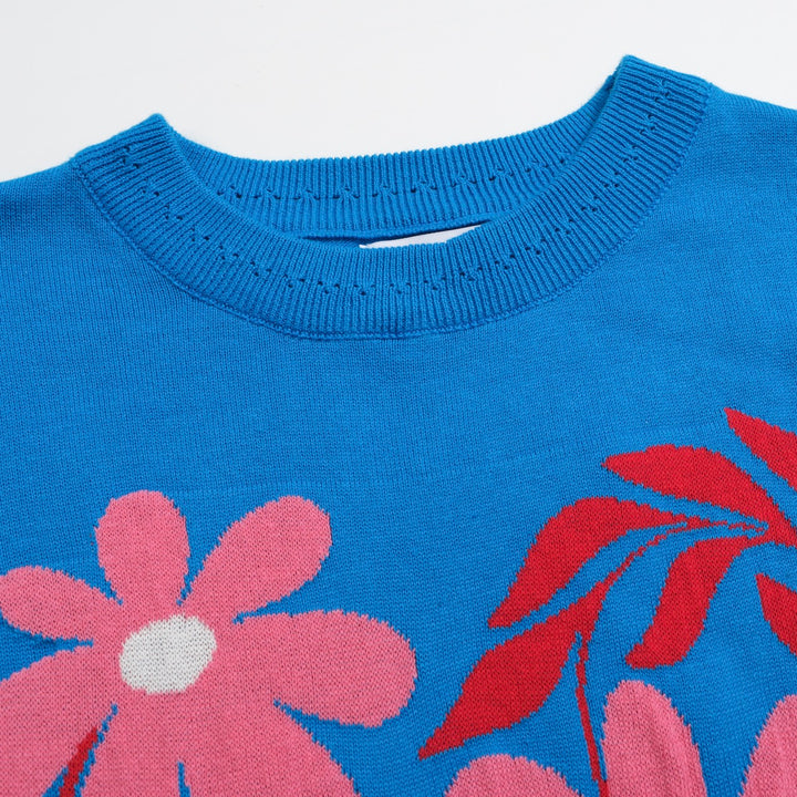 Women's blue floral jacquard knitwear-Cropped Length