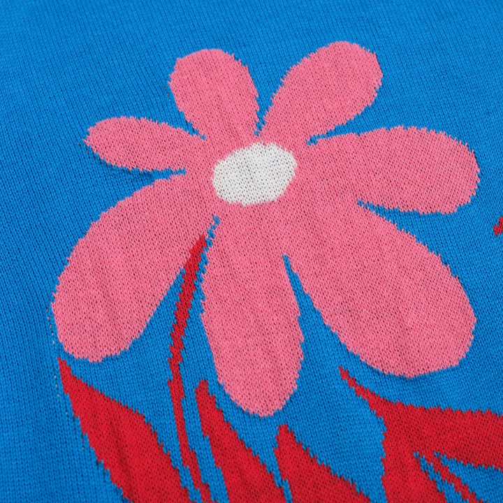 Women's blue floral jacquard knitwear-Cropped Length
